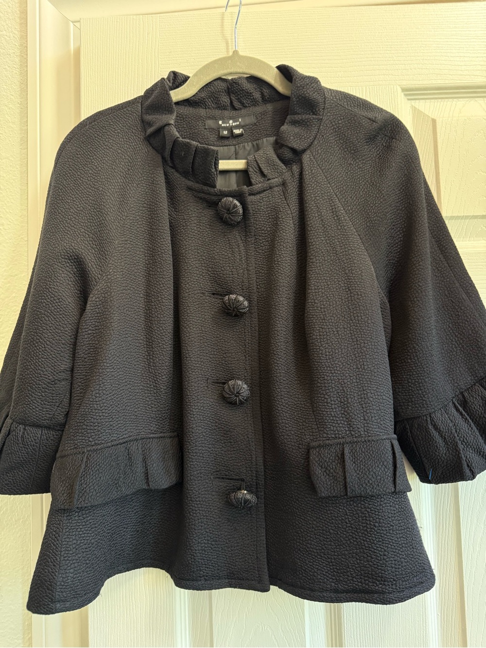 Vintage ECI Black Textured Silk Blend Blazer 3/4 Length Ruffled Sleeve, Size 12